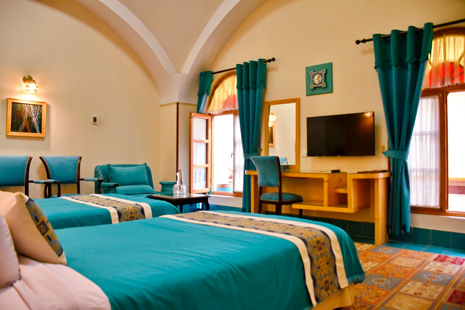 blue bed linen on bed